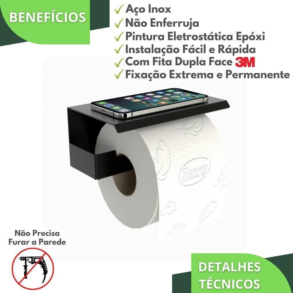 Suporte Papel Higiênico Adesivo Colar Na Parede Preto Elg - 6