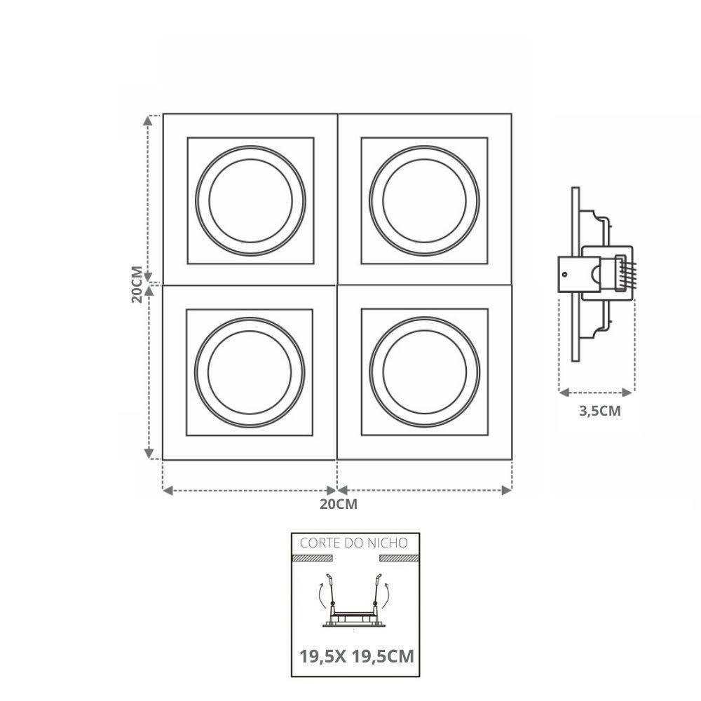 Spot De Embutir Quadrado Recuado Quadruplo Mr11 Direcionável Branco Com Preto - 2