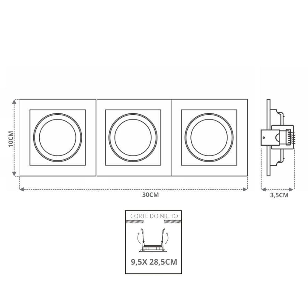 Spot De Embutir Quadrado Recuado Triplo Mr11 Direcionável Branco Com Preto - 2
