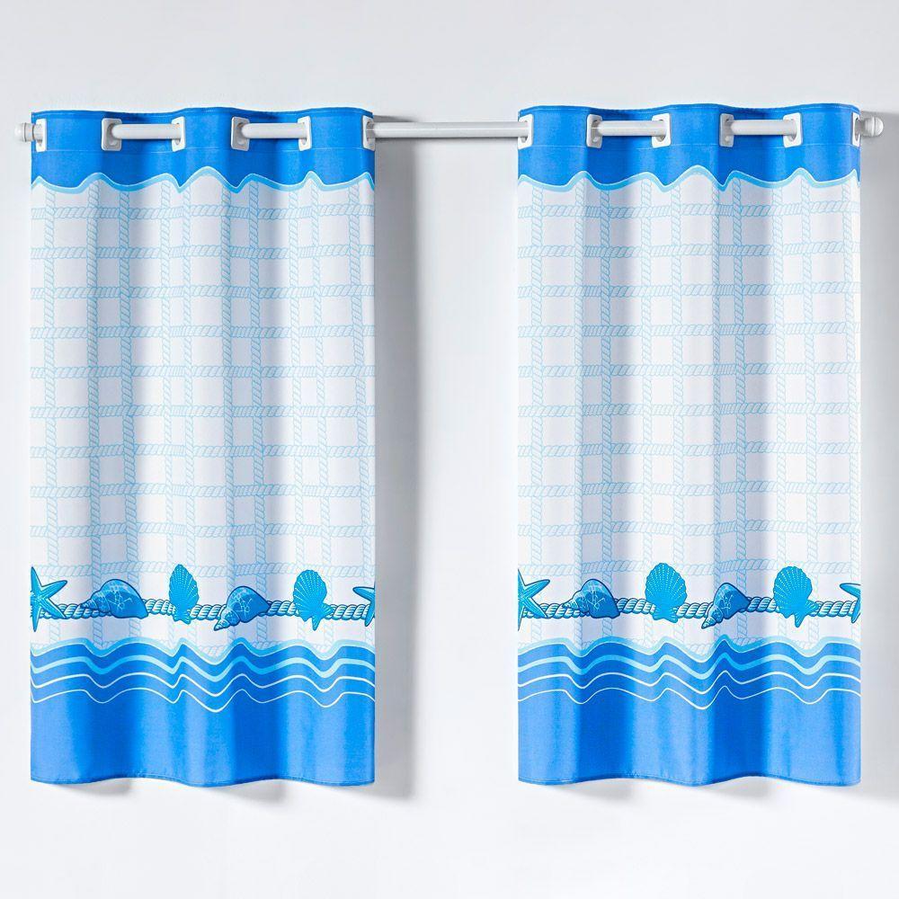Cortina Gourmet Varão Cozinha Tecido Oxford 2,00M X 1,30M - Conchas Praia Azul - 1