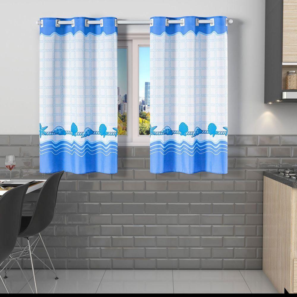 Cortina Gourmet Varão Cozinha Tecido Oxford 2,00M X 1,30M - Conchas Praia Azul - 2