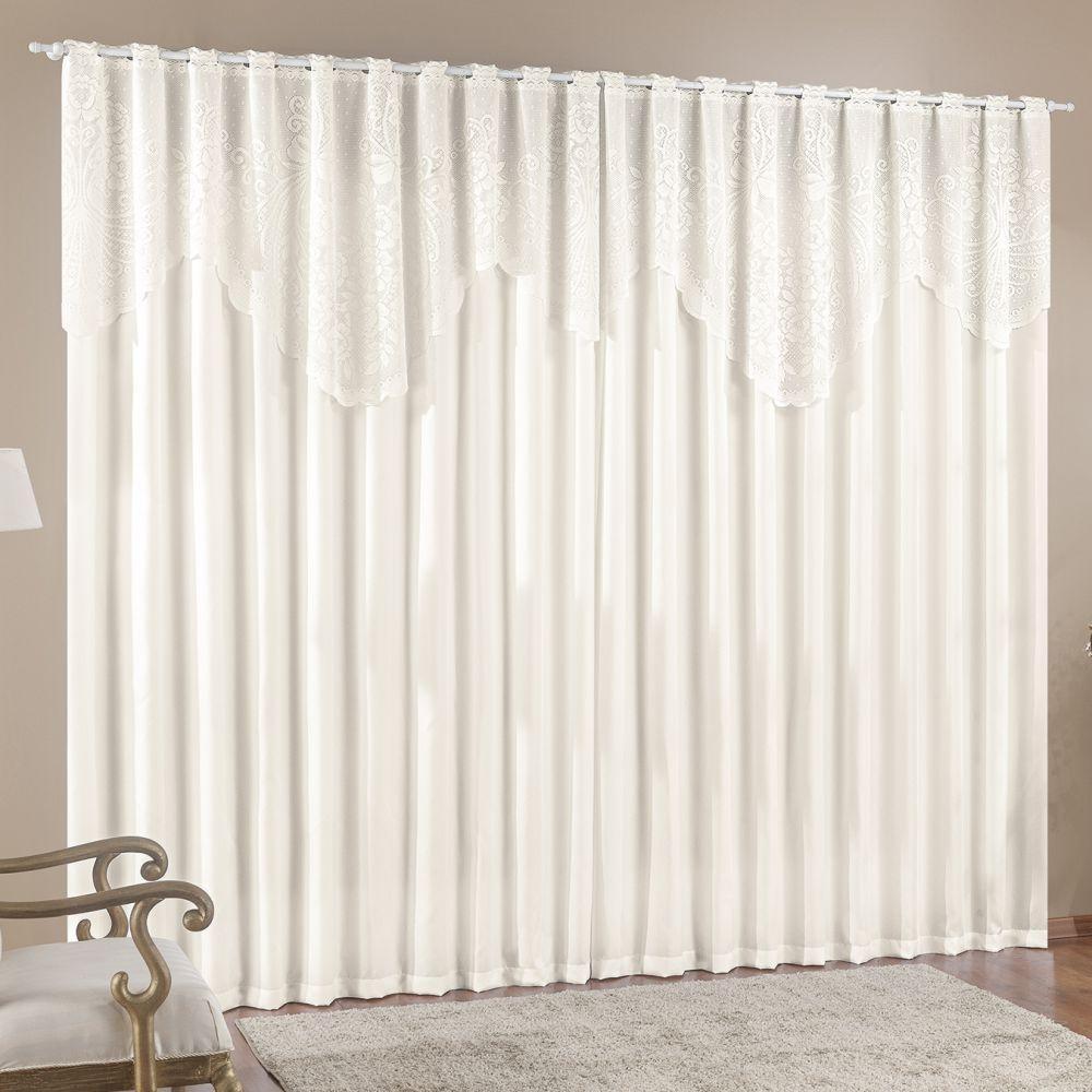 Cortina 3,00m X 2,50m Momento Sala Quarto Renda Com Microfibra P Varão Palha - 1
