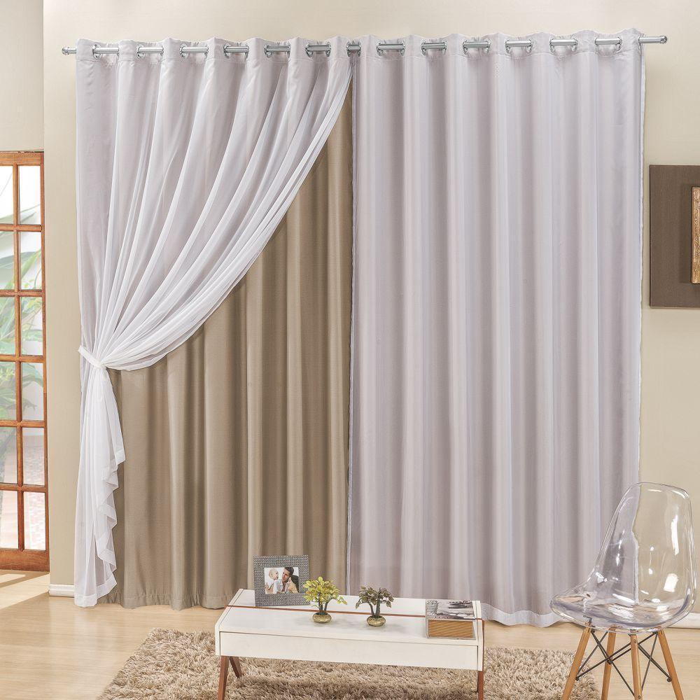 Cortina 3 Mts Sala Quarto Voal E Semiblackout Para Trilho Comum Bege - 1