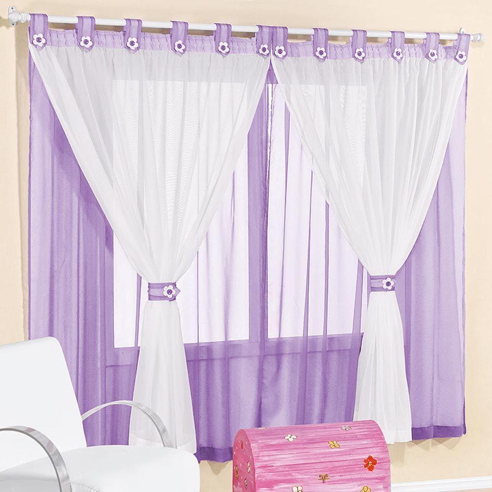 Cortina Infantil Juvenil Para Varão Tecido Voal 2,00 X 1,70 Metros Alt - Lilás e Branco - 1