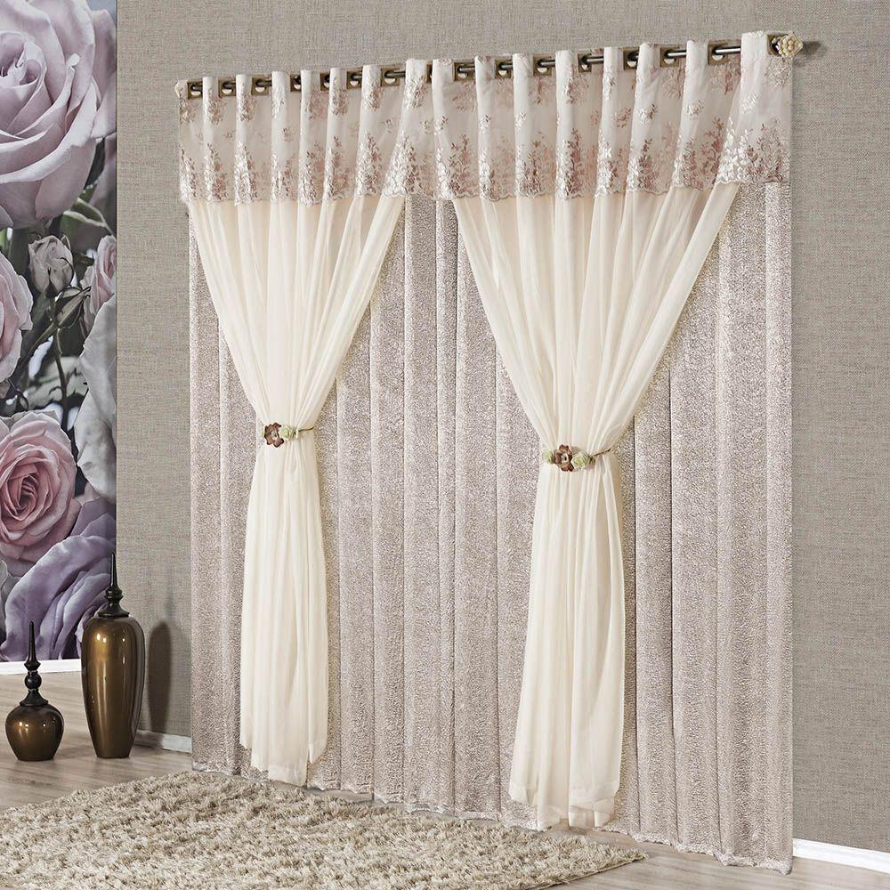 Cortina Nobreza Luxo Para Varão Tecido Seda Amassada e Voal 3,00 X 2,50 Metros - Rosê - 1