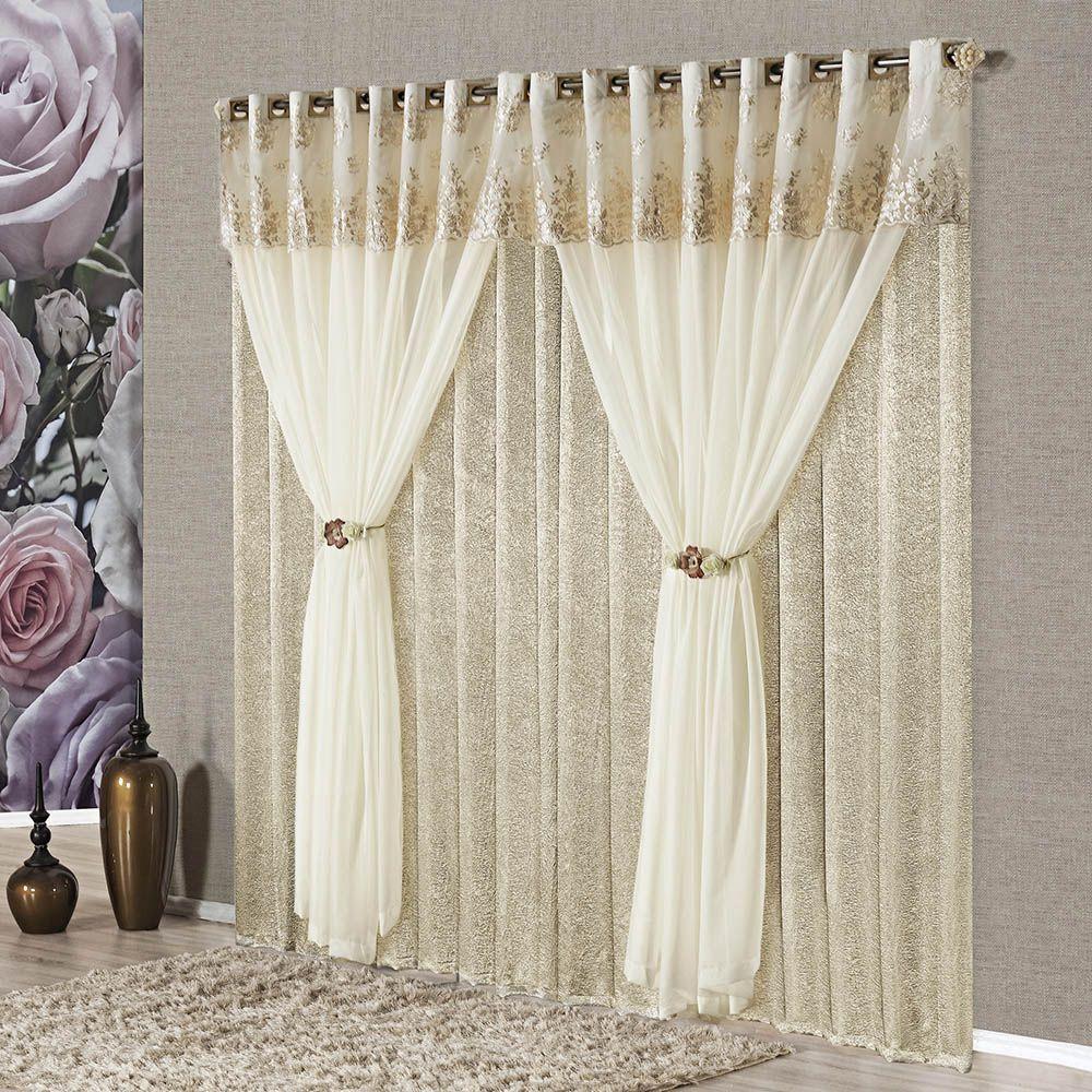 Cortina Nobreza Luxo Para Varão Tecido Seda Amassada e Voal 3,00 X 2,50 Metros - Bronze - 1