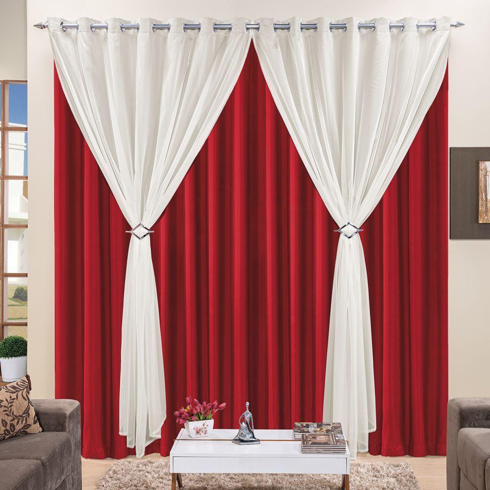 Cortina 3 Mts Sala Quarto Voal Com Microfibra Para Trilho Comum Vermelho - 1