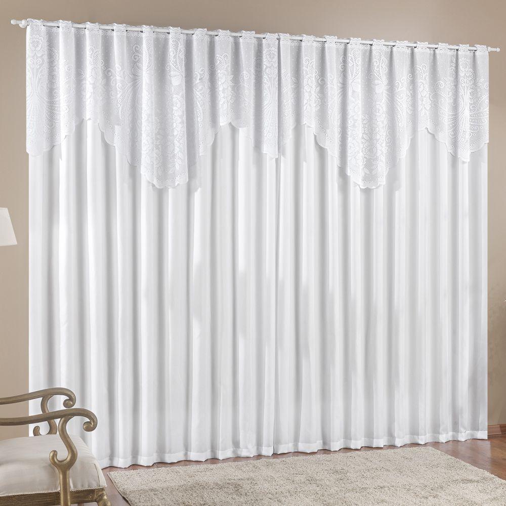 Cortina 2,00m X 1,70m Do Momento Sala Quarto Renda Com Microfibra P Varão Branca - 1