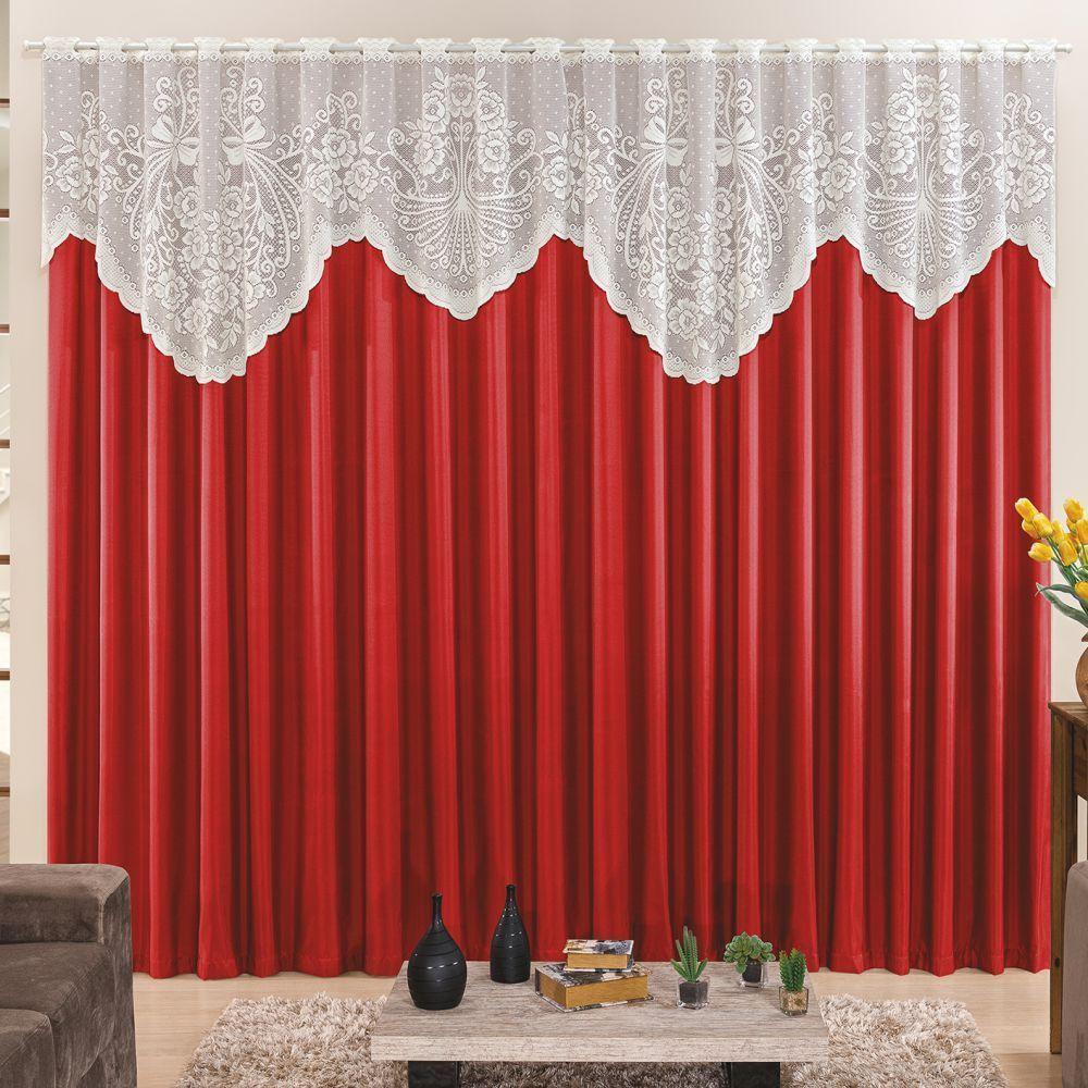 Cortina 4,00m X 2,50m Momento Sala Quarto Renda Com Microfibra P Varão Vermelha - 1