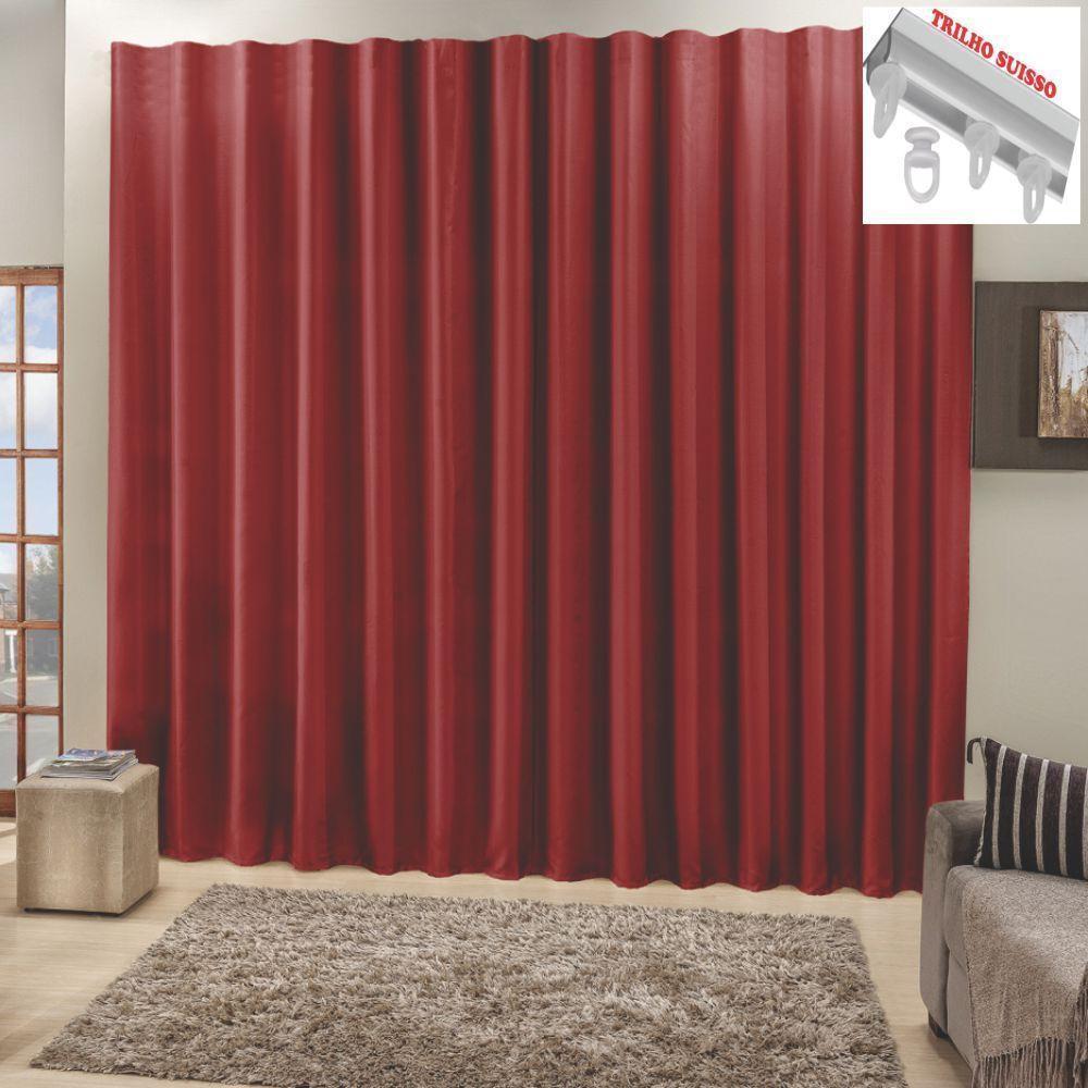 Cortina Top Chick 2 Metros Sala Quarto Tecido Ráfia Trilho Suisso - Vermelha - 1