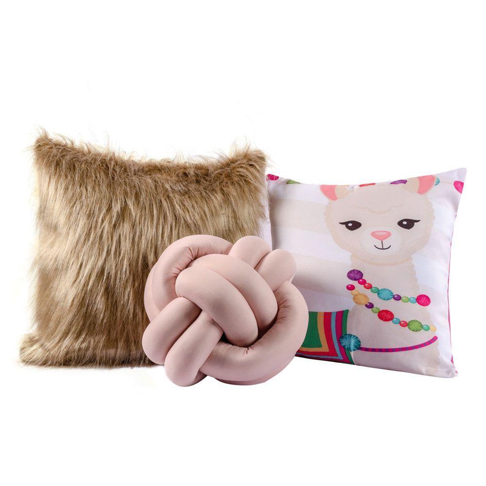 Kit Capas De Almofadas com Nó Plush Lhama Caqui 03 Peças - 2