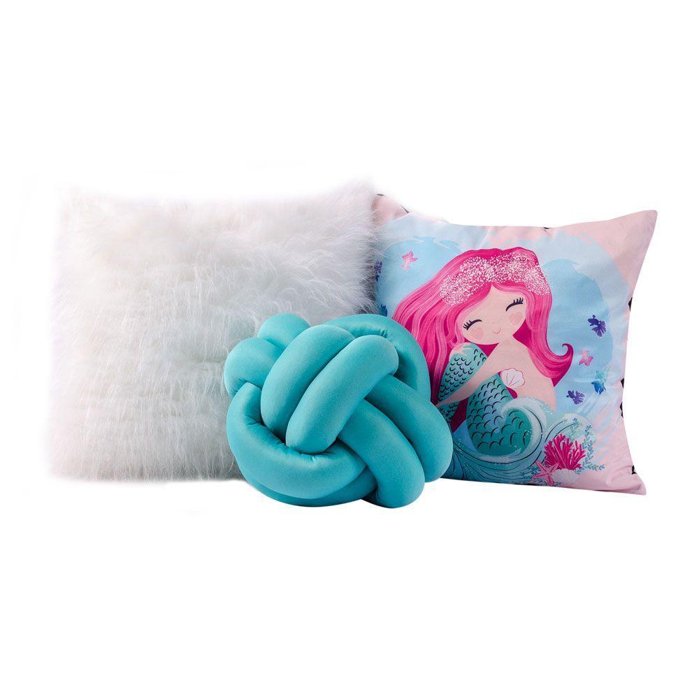 Kit Capas Almofadas Nó Plush Sereia Turquesa Branco 3 Peça - 1