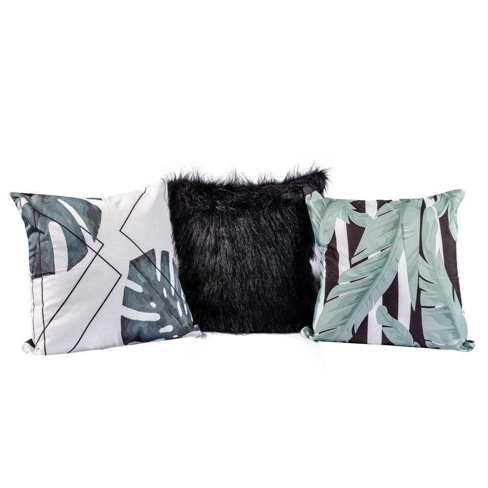 Kit Capas Almofadas Folhas Verde Preto Plush 03 Peças 45x45 - 1