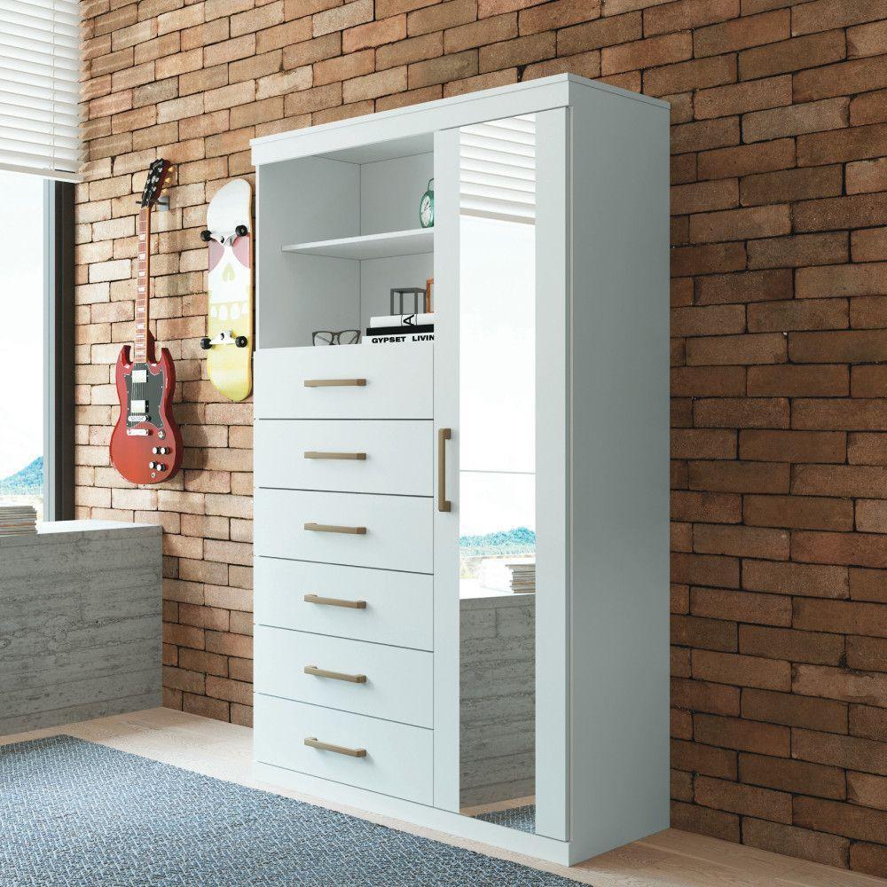 Cômoda Multiuso 1 Porta 6 Gavetas Com Espelho Marabá Santos Andirá Branco - 1