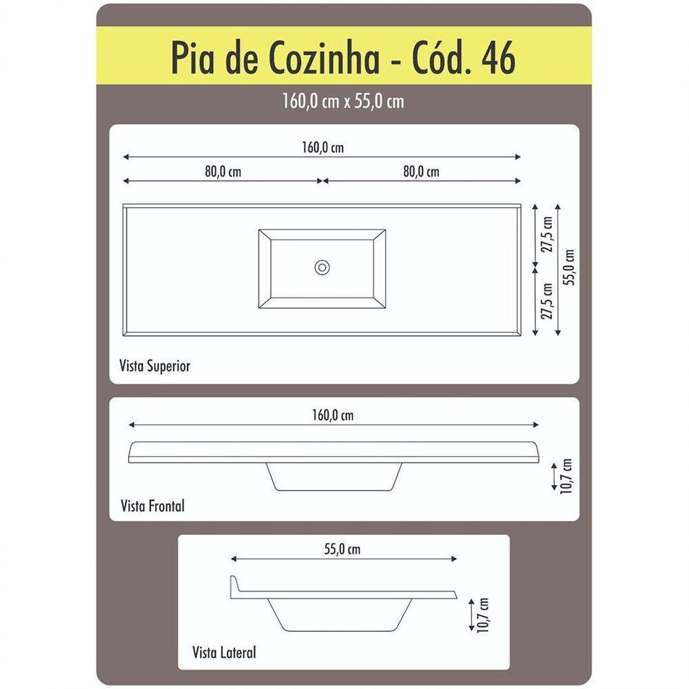 Tampo Pia De Cozinha Rorato 1,60 M Cuba Central Preto - 2