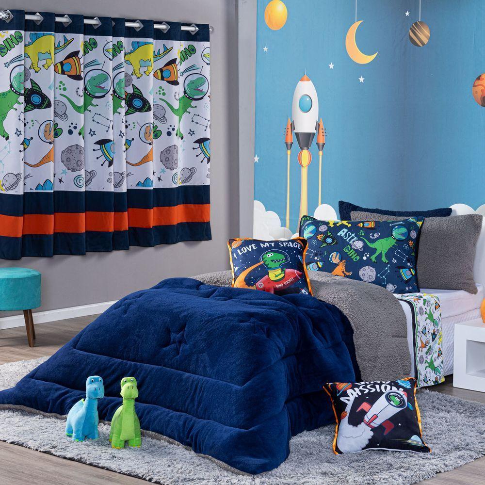 Kit Coberdrom Astrodino Azul Marinho C/ Almofadas Solteiro 04 Peças - Dupla Face Sherpa E Mantinha - 1