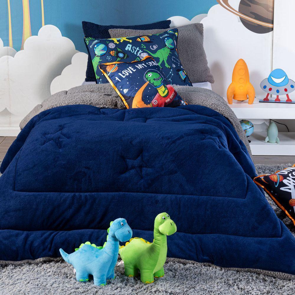 Kit Coberdrom Astrodino Azul Marinho C/ Almofadas Solteiro 04 Peças - Dupla Face Sherpa E Mantinha - 3