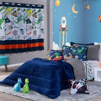 Kit Coberdrom Astrodino Azul Marinho C/ Almofadas Solteiro 04 Peças - Dupla Face Sherpa E Mantinha - 1