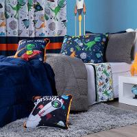 Kit Coberdrom Astrodino Azul Marinho C/ Almofadas Solteiro 04 Peças - Dupla Face Sherpa E Mantinha - 2