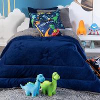 Kit Coberdrom Astrodino Azul Marinho C/ Almofadas Solteiro 04 Peças - Dupla Face Sherpa E Mantinha - 3