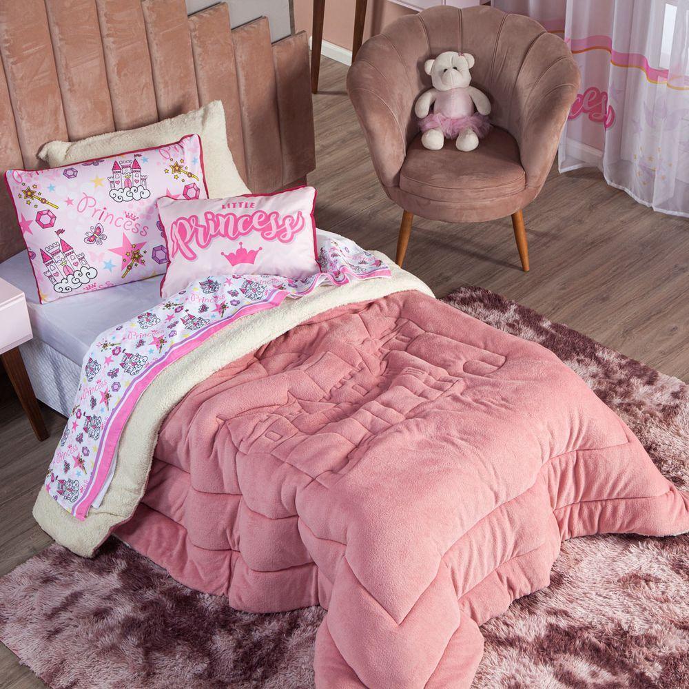 Kit Coberdrom Princesa Rosê C/ Almofada Casal Padrão 04 Peças - Dupla Face Sherpa E Mantinha - 2