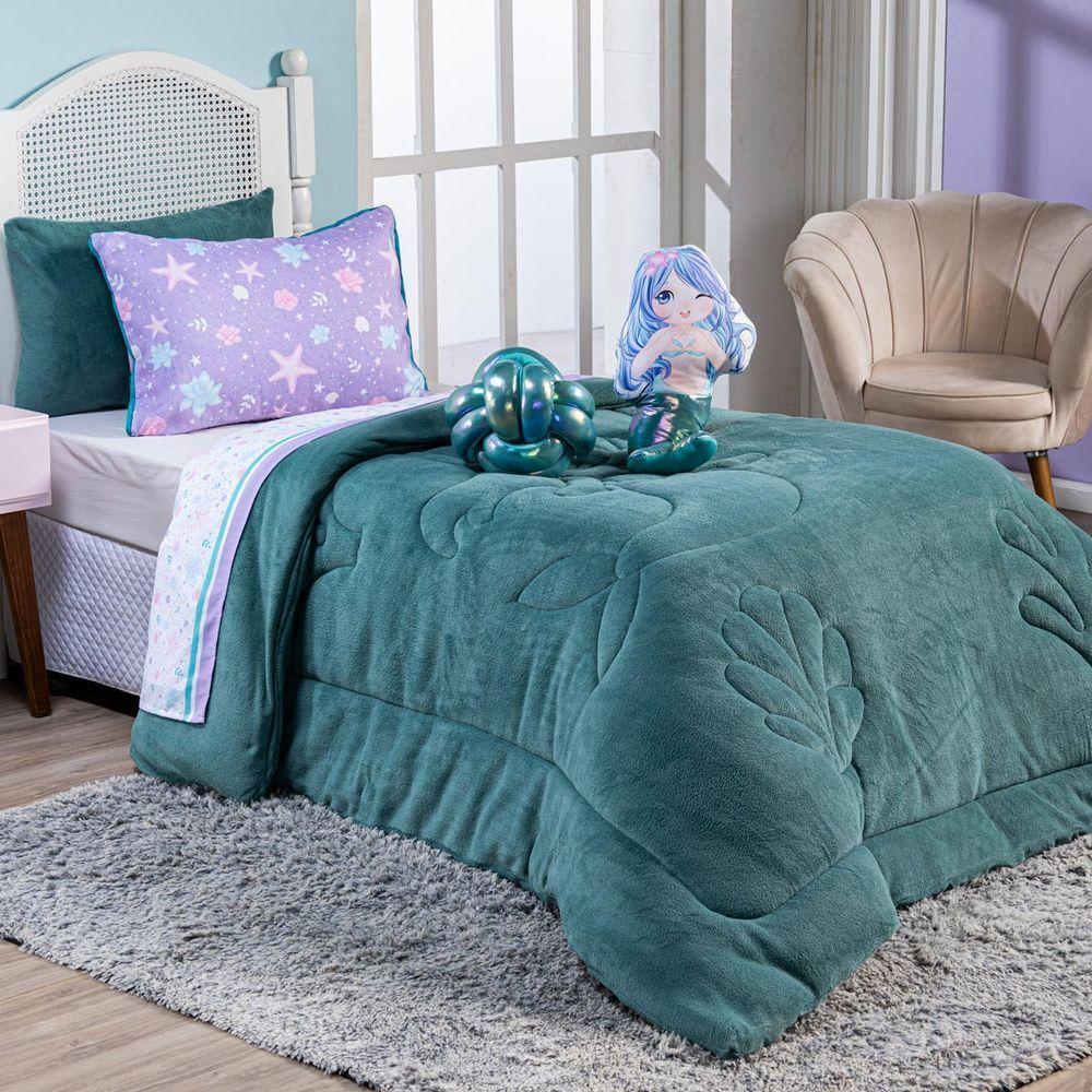 Kit Coberdrom Sereia Verde C/ Almofadas Queen 05 Peças - Dupla Face Manta Microfibra - 1