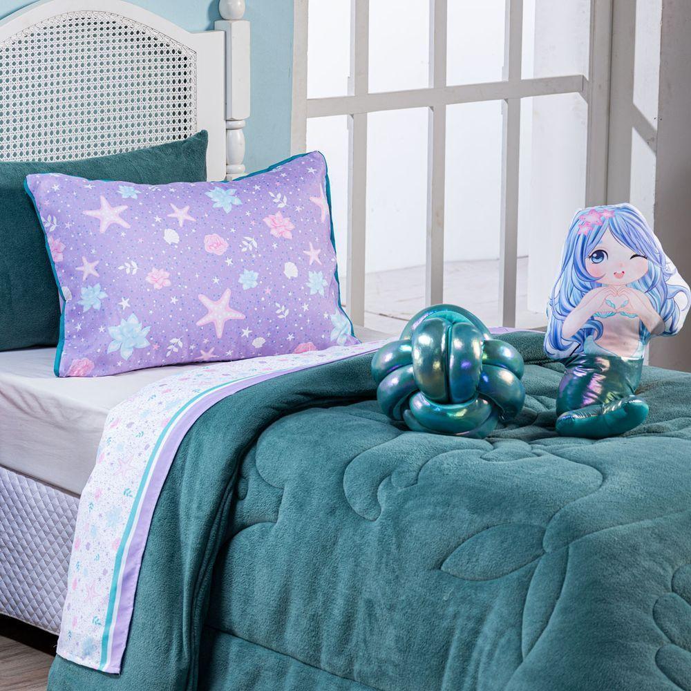 Kit Coberdrom Sereia Verde C/ Almofadas Queen 05 Peças - Dupla Face Manta Microfibra - 3