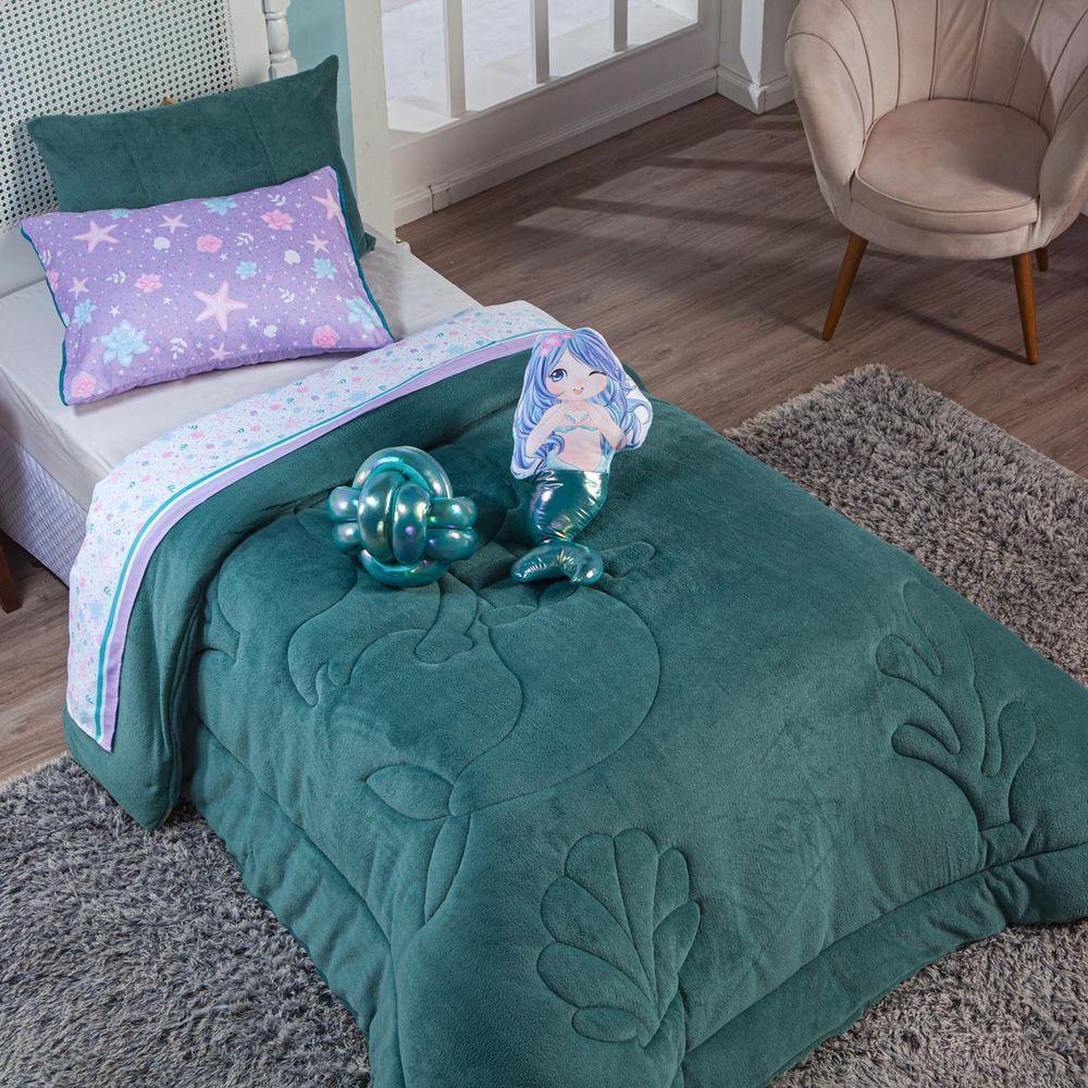 Kit Coberdrom Sereia Verde C/ Almofadas Queen 05 Peças - Dupla Face Manta Microfibra - 4