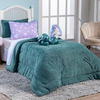 Kit Coberdrom Sereia Verde C/ Almofadas Solteiro 04 Peças - Dupla Face Manta Microfibra