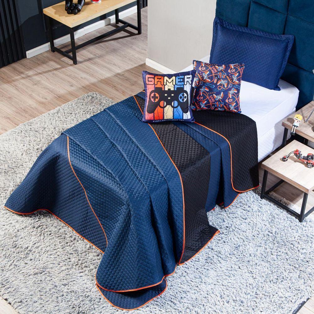 Kit Cobre Leito Gamer Day Preto/azul Marinho Dupla Face C/ Almofadas Casal Padrão 05 Peças - 4