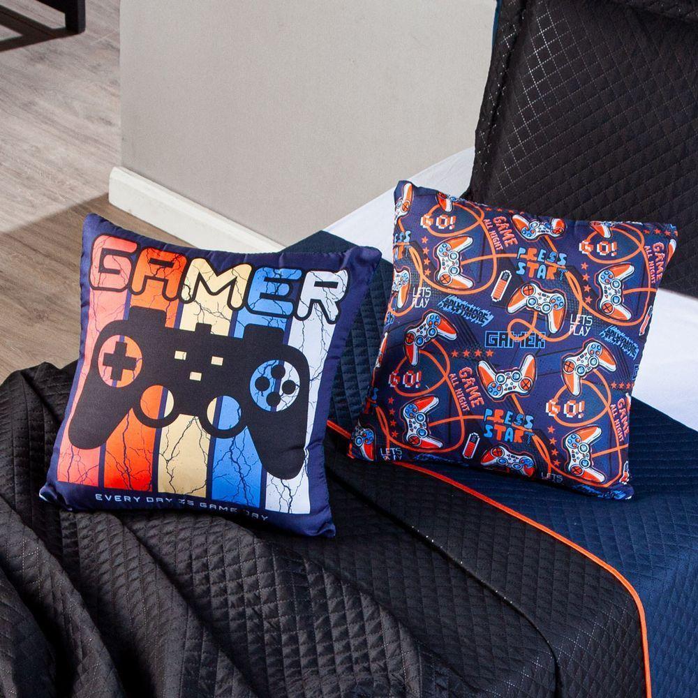 Kit Cobre Leito Gamer Day Preto/azul Marinho Dupla Face C/ Almofadas Casal Padrão 05 Peças - 6