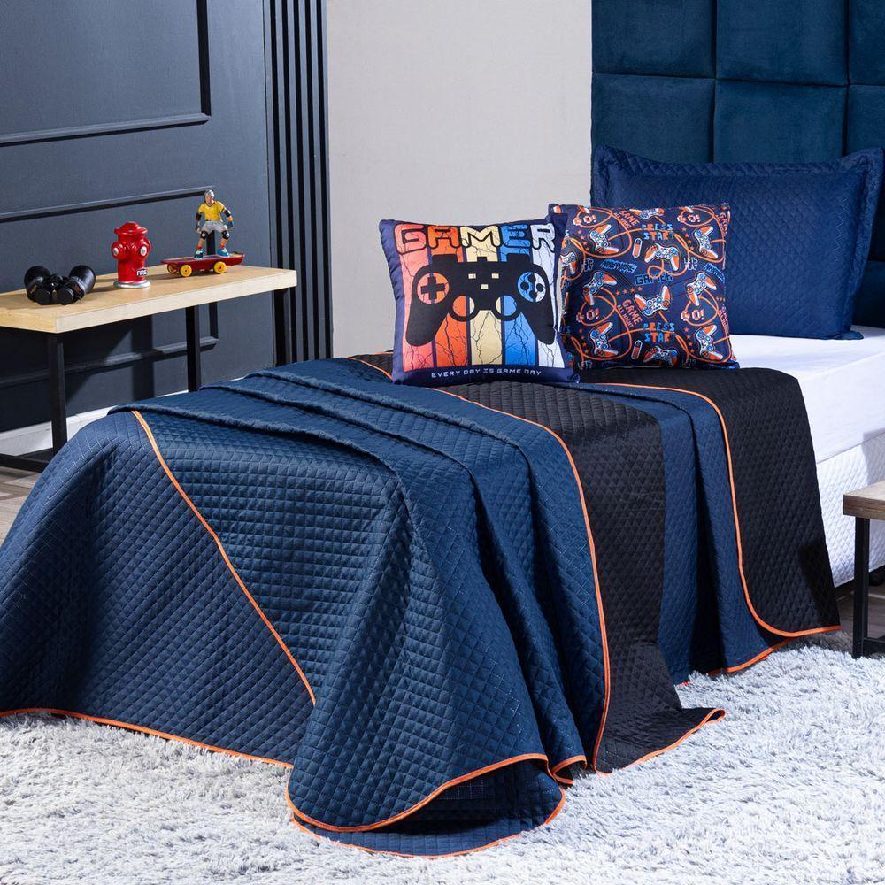 Kit Cobre Leito Gamer Day Preto/azul Marinho Dupla Face C/ Almofadas Casal Padrão 05 Peças - 7