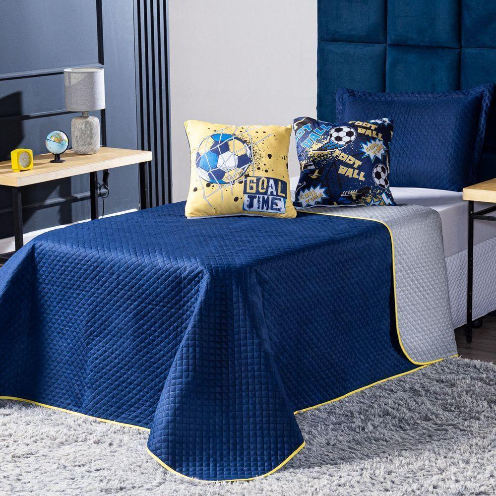 Kit Cobre Leito Futebol Goal Azul Marinho/cinza Dupla Face C/ Almofadas Solteiro 04 Peças - 1