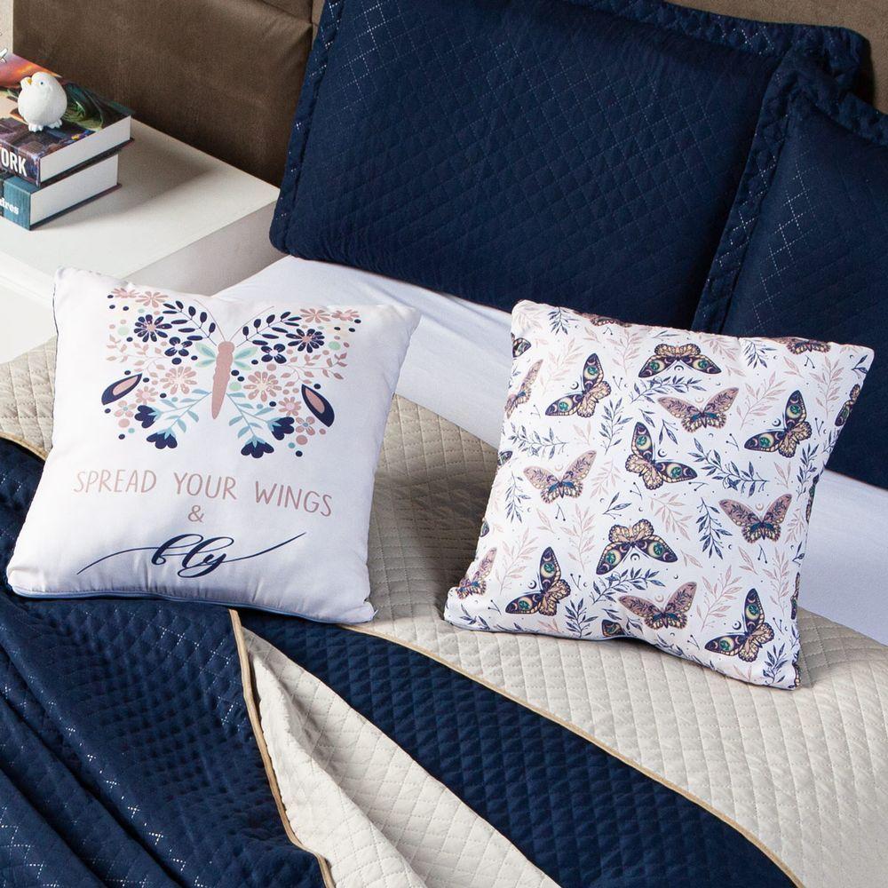 Kit Cobre Leito Borboleta Azul Marinho/caqui Dupla Face C/ Almofadas Queen 05 Peças - 2