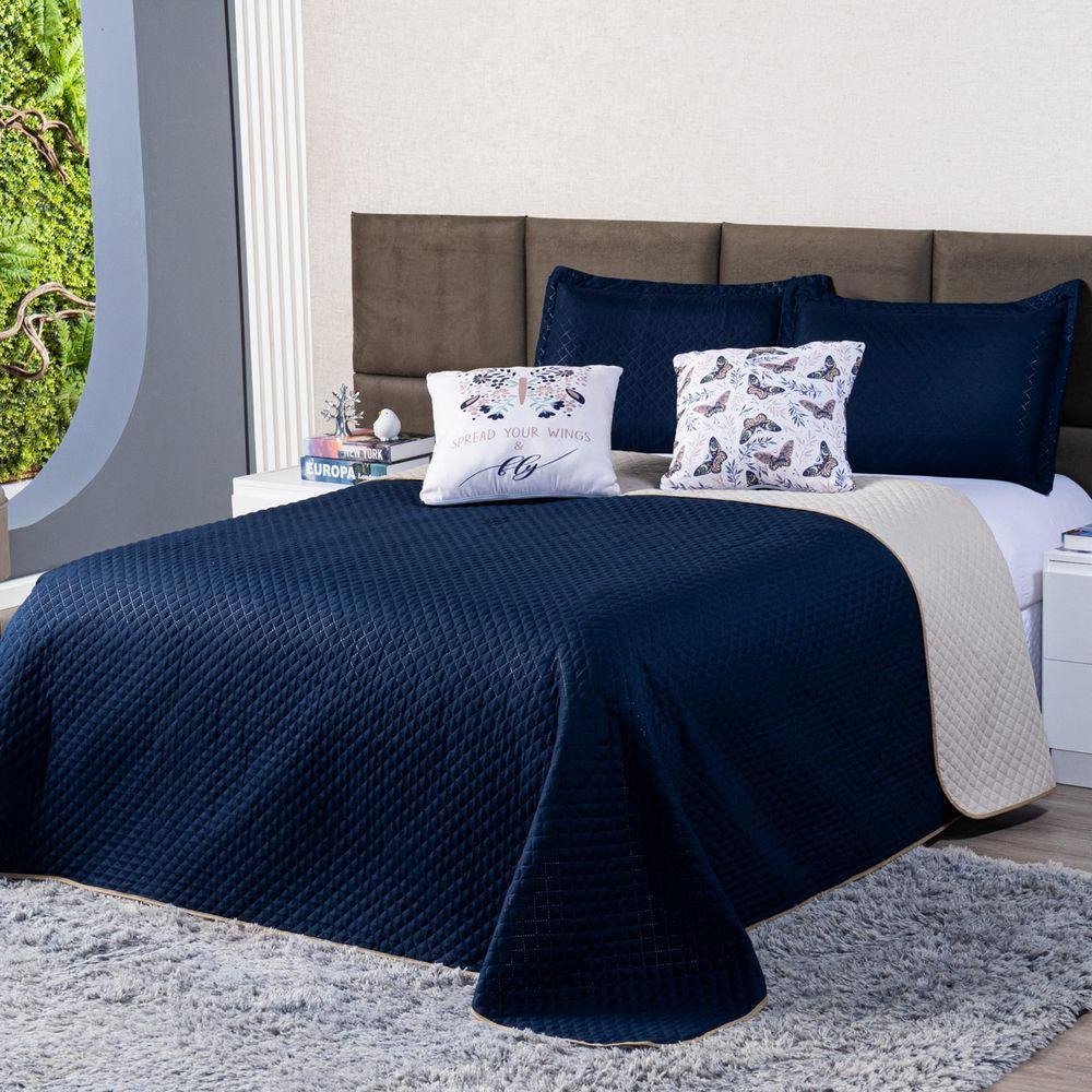 Kit Cobre Leito Borboleta Azul Marinho/caqui Dupla Face C/ Almofadas Queen 05 Peças - 3