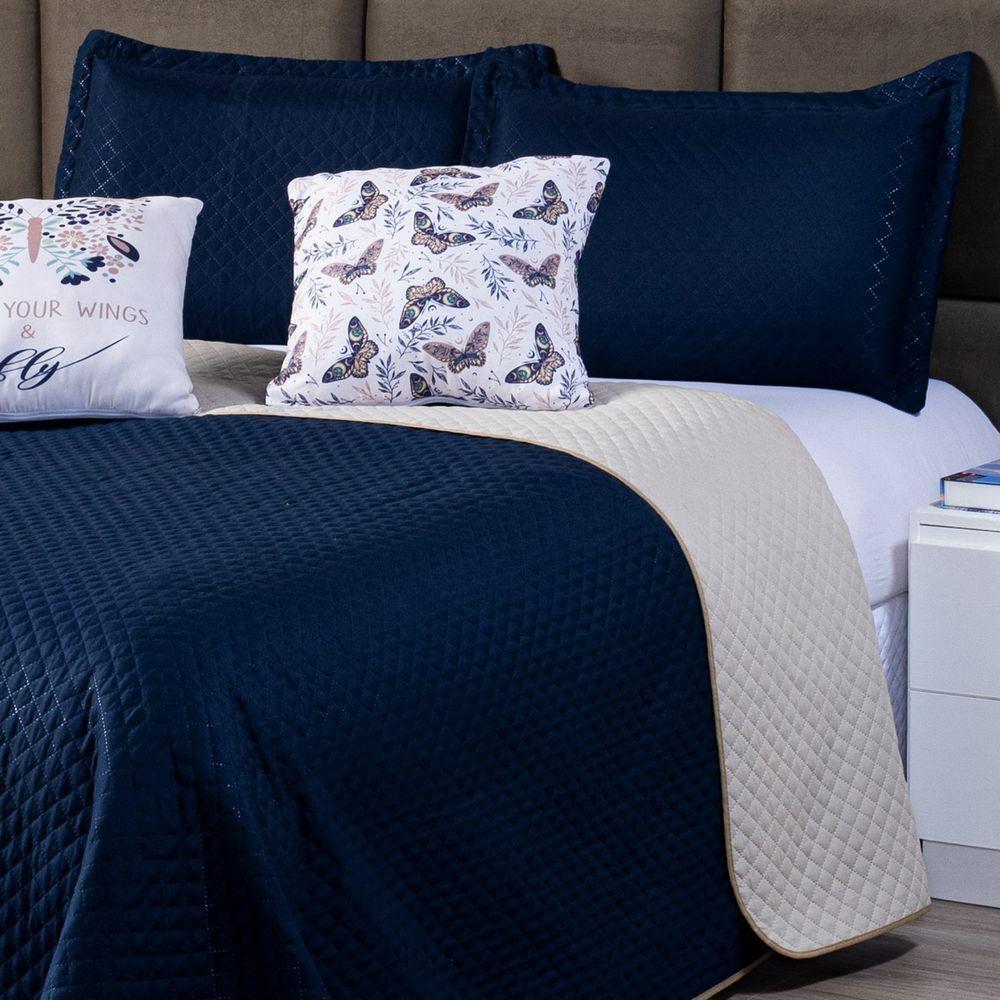 Kit Cobre Leito Borboleta Azul Marinho/caqui Dupla Face C/ Almofadas Queen 05 Peças - 4
