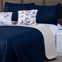 Kit Cobre Leito Borboleta Azul Marinho/caqui Dupla Face C/ Almofadas Queen 05 Peças