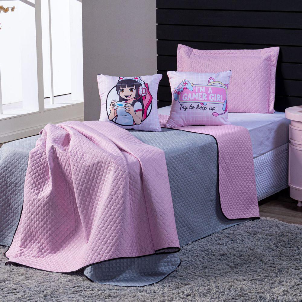 Kit Cobre Leito Girl Gamer Rosa/cinza Dupla Face C/ Almofadas Queen 05 Peças - 2