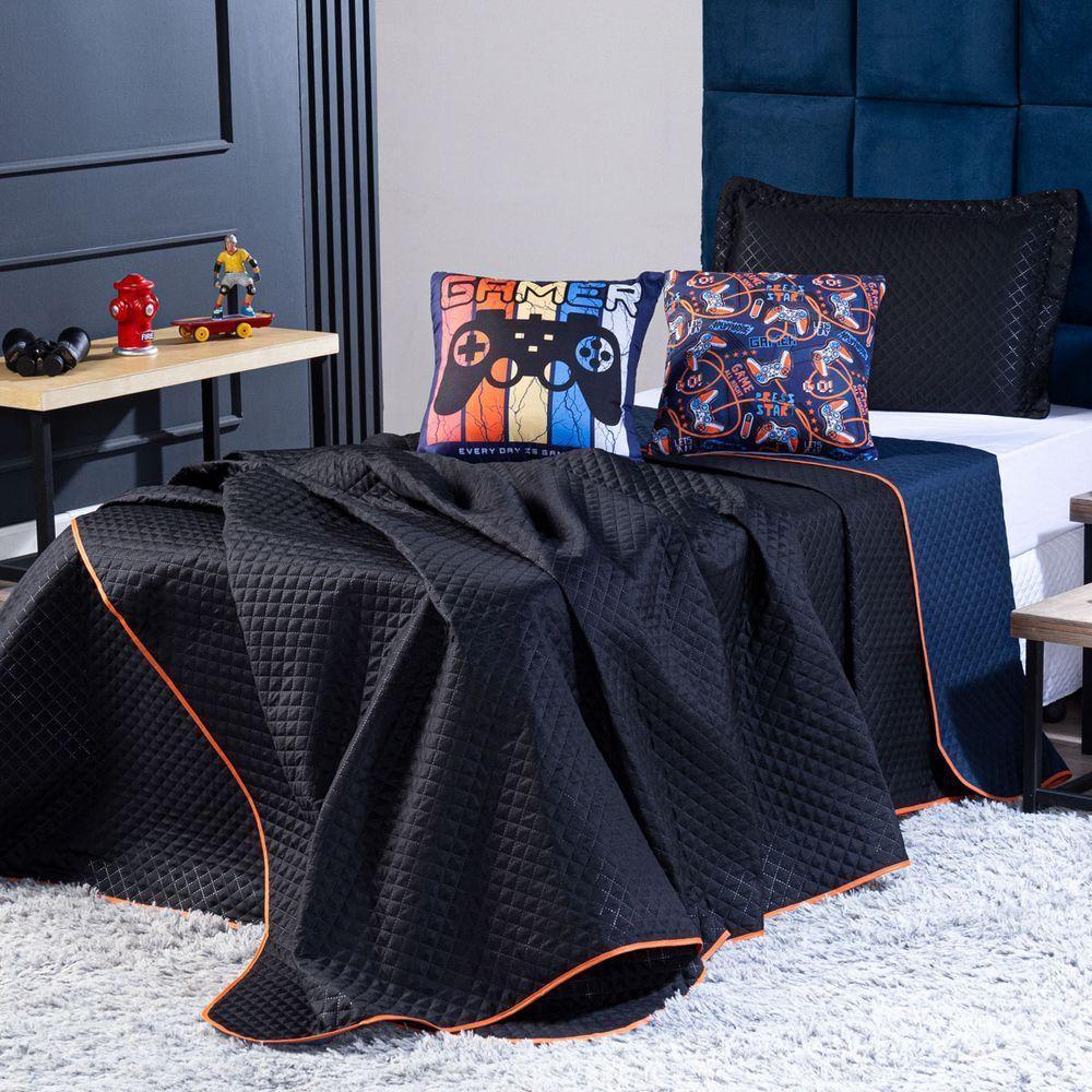 Kit Cobre Leito Gamer Day Preto/azul Marinho Dupla Face C/ Almofadas Queen 05 Peças - 7