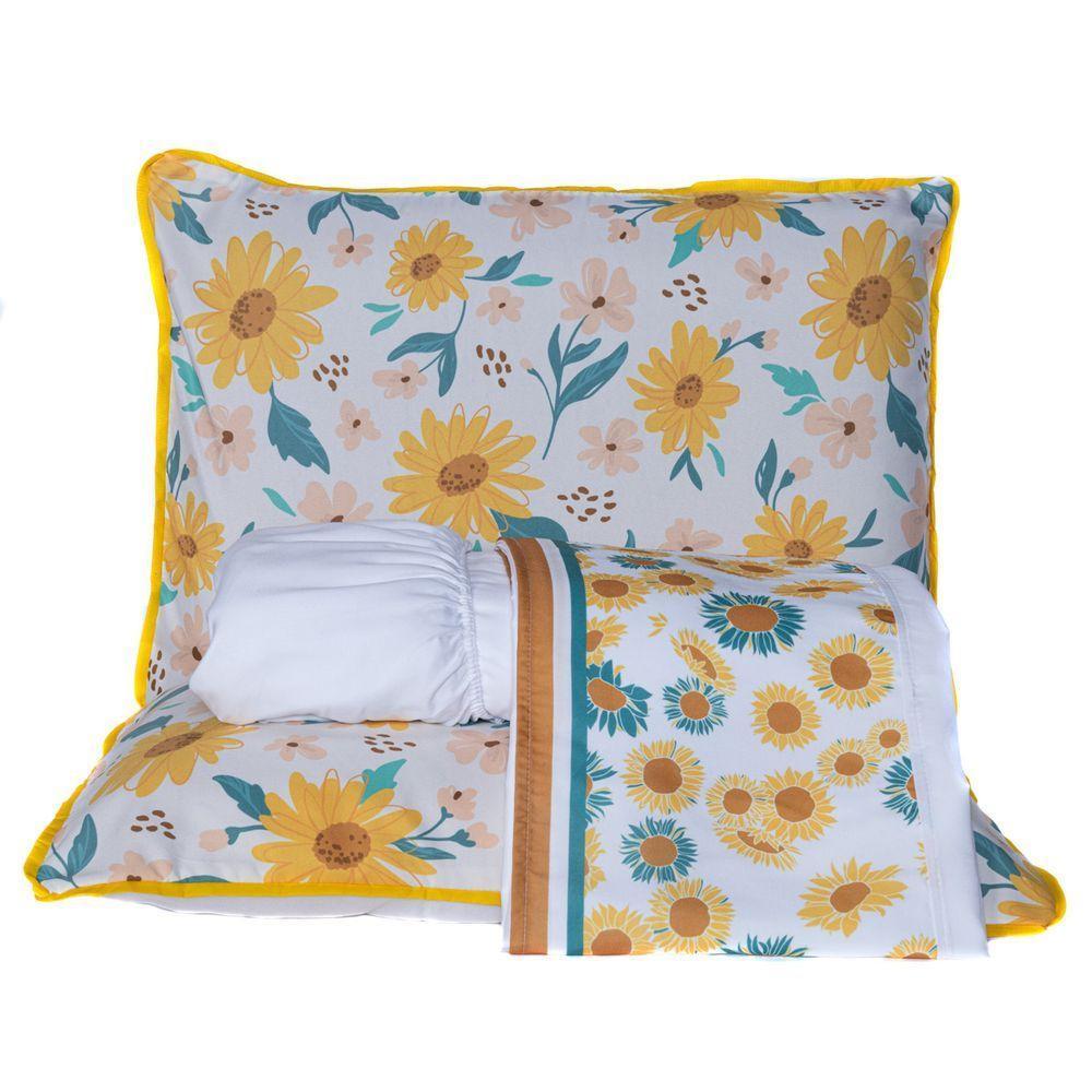 Jogo De Cama Girassol Branco Queen 04 Peças - Micropercal 180 Fios - 1