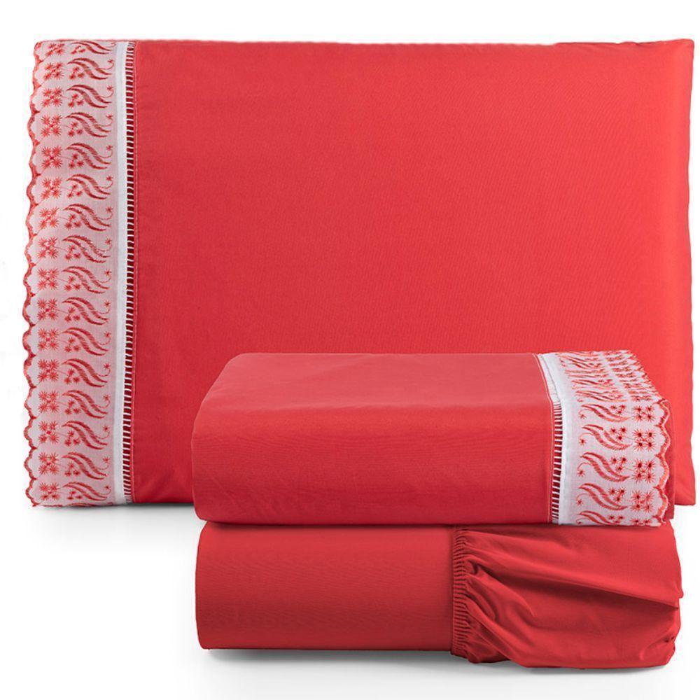 Jogo De Lençol Solteiro 3 Peças Basic Percal 180 Fios Lese Bordado Inglês - Vermelho - 1