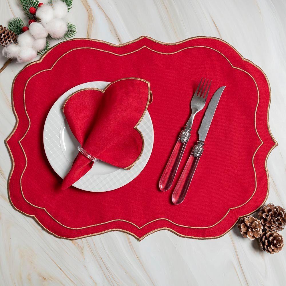 Kit 12 Jogos Americanos Guardanapos De Mesa Retangular Bordado Escócia - Vermelho - 1