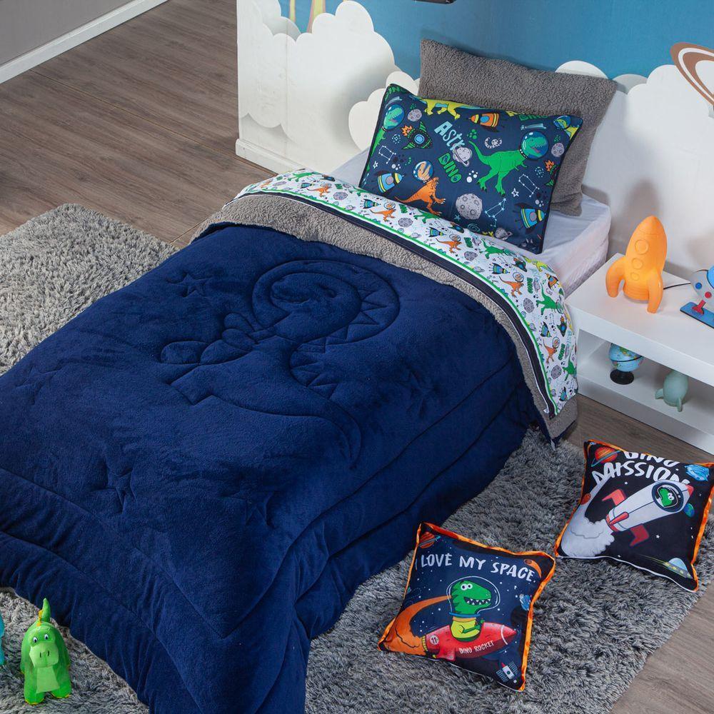 Coberdrom Astrodino Azul Marinho Solteiro 02 Peças - Dupla Face Sherpa E Mantinha - 1