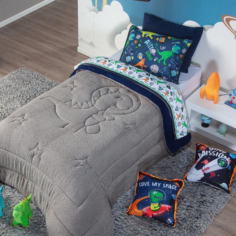 Coberdrom Astrodino Azul Marinho Solteiro 02 Peças - Dupla Face Sherpa E Mantinha - 5