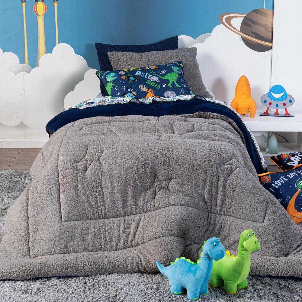 Coberdrom Astrodino Azul Marinho Queen 03 Peças - Dupla Face Sherpa E Mantinha - 3