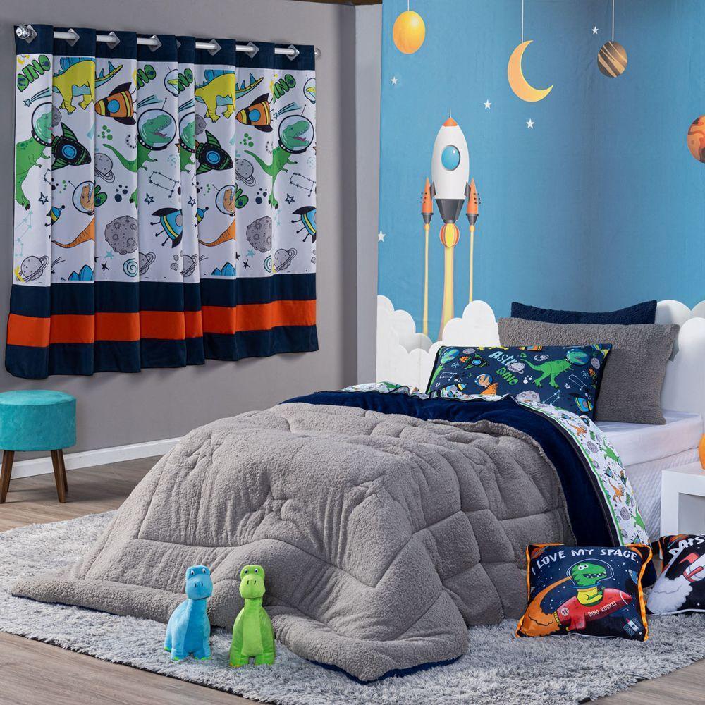 Coberdrom Astrodino Azul Marinho Queen 03 Peças - Dupla Face Sherpa E Mantinha - 4