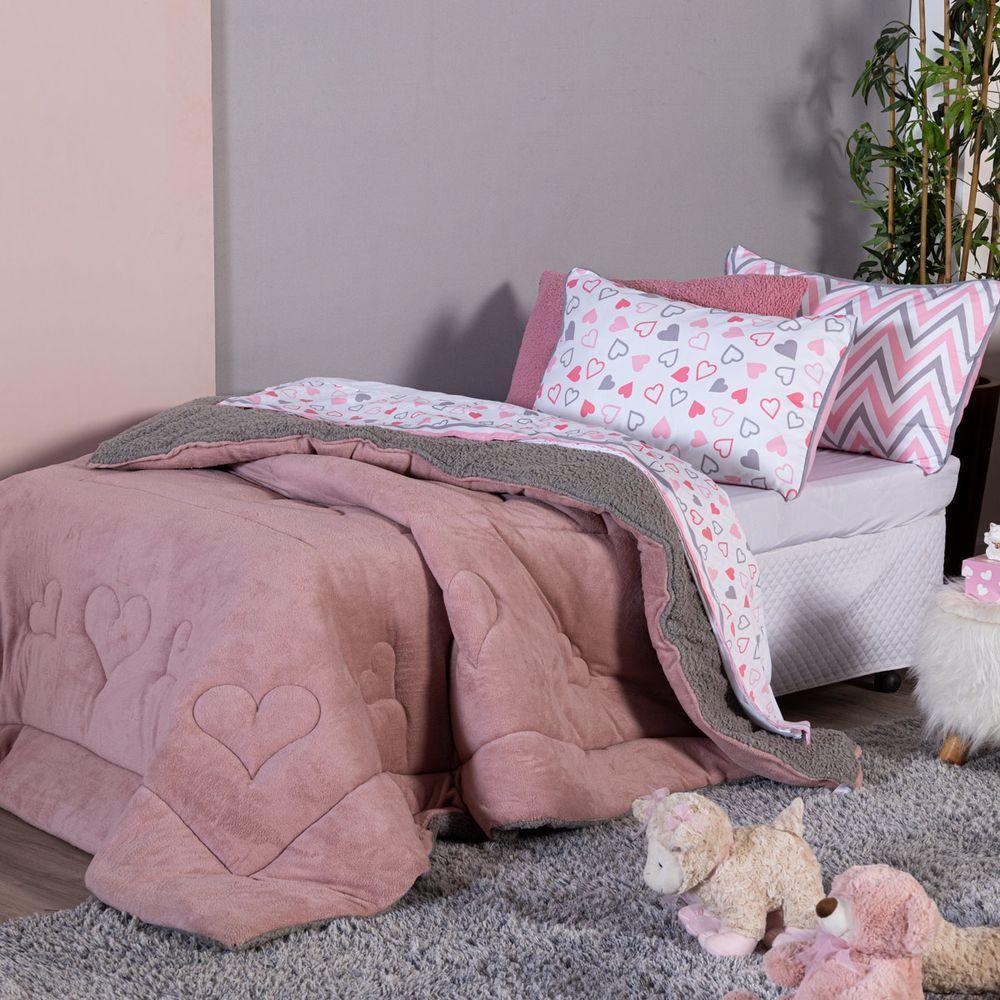 Coberdrom Corações Rosê/cinza Solteiro 02 Peças - Dupla Face Sherpa E Mantinha - 1