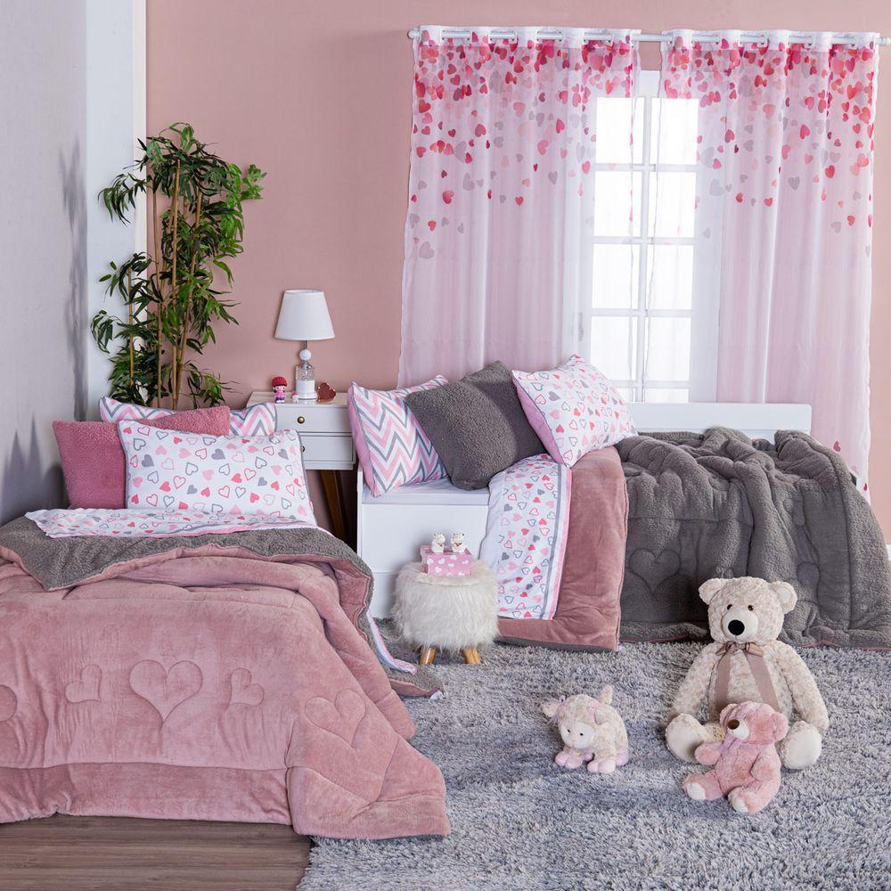 Coberdrom Corações Rosê/cinza Solteiro 02 Peças - Dupla Face Sherpa E Mantinha - 3