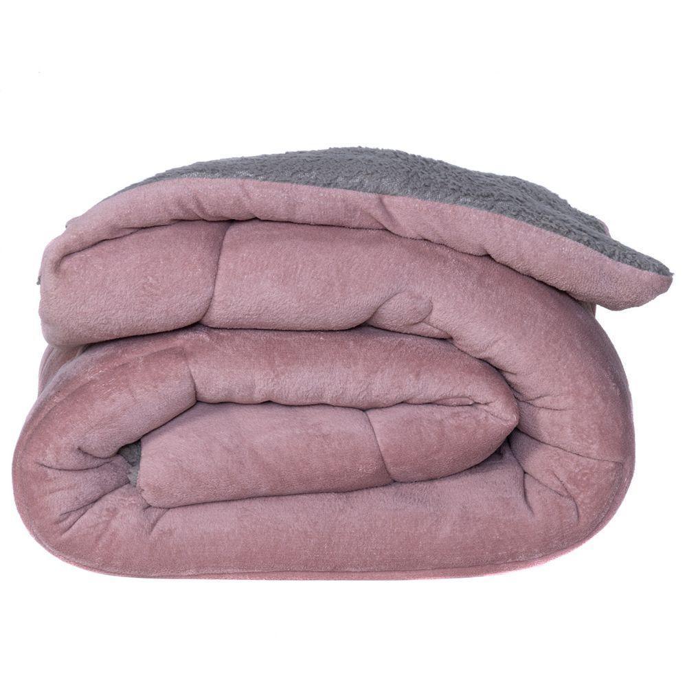 Coberdrom Corações Rosê/cinza Solteiro 02 Peças - Dupla Face Sherpa E Mantinha - 4