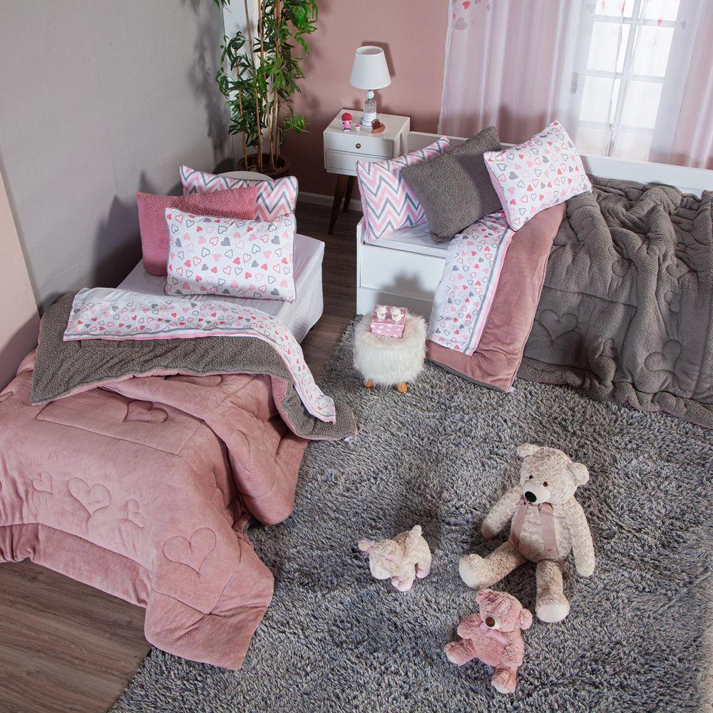 Coberdrom Corações Rosê/cinza Solteiro 02 Peças - Dupla Face Sherpa E Mantinha - 5